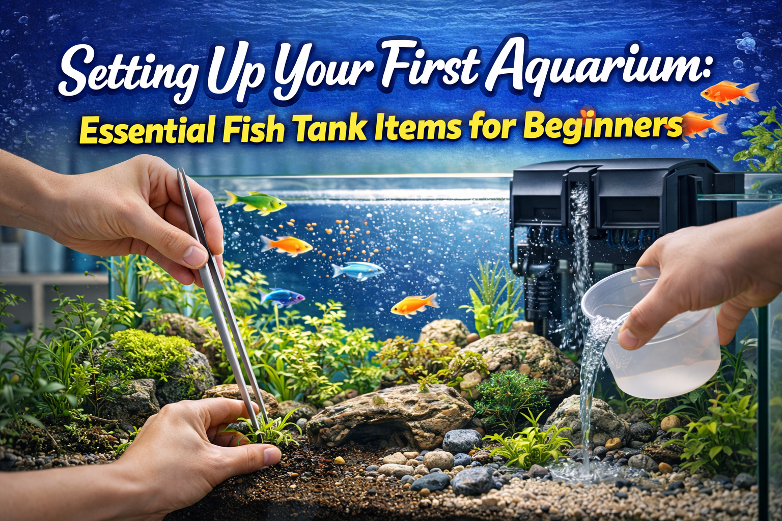 Aquarium setup for beginners with fish tank items